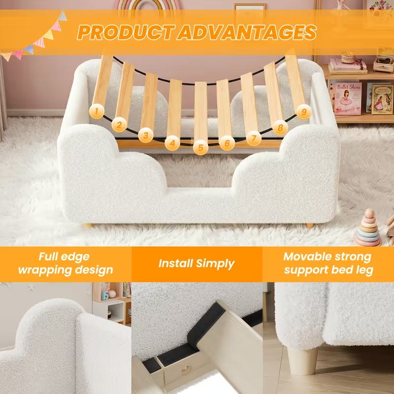 Soft Boucle Toddler Bed Frame with Safety Rails & Upholstered Headboard