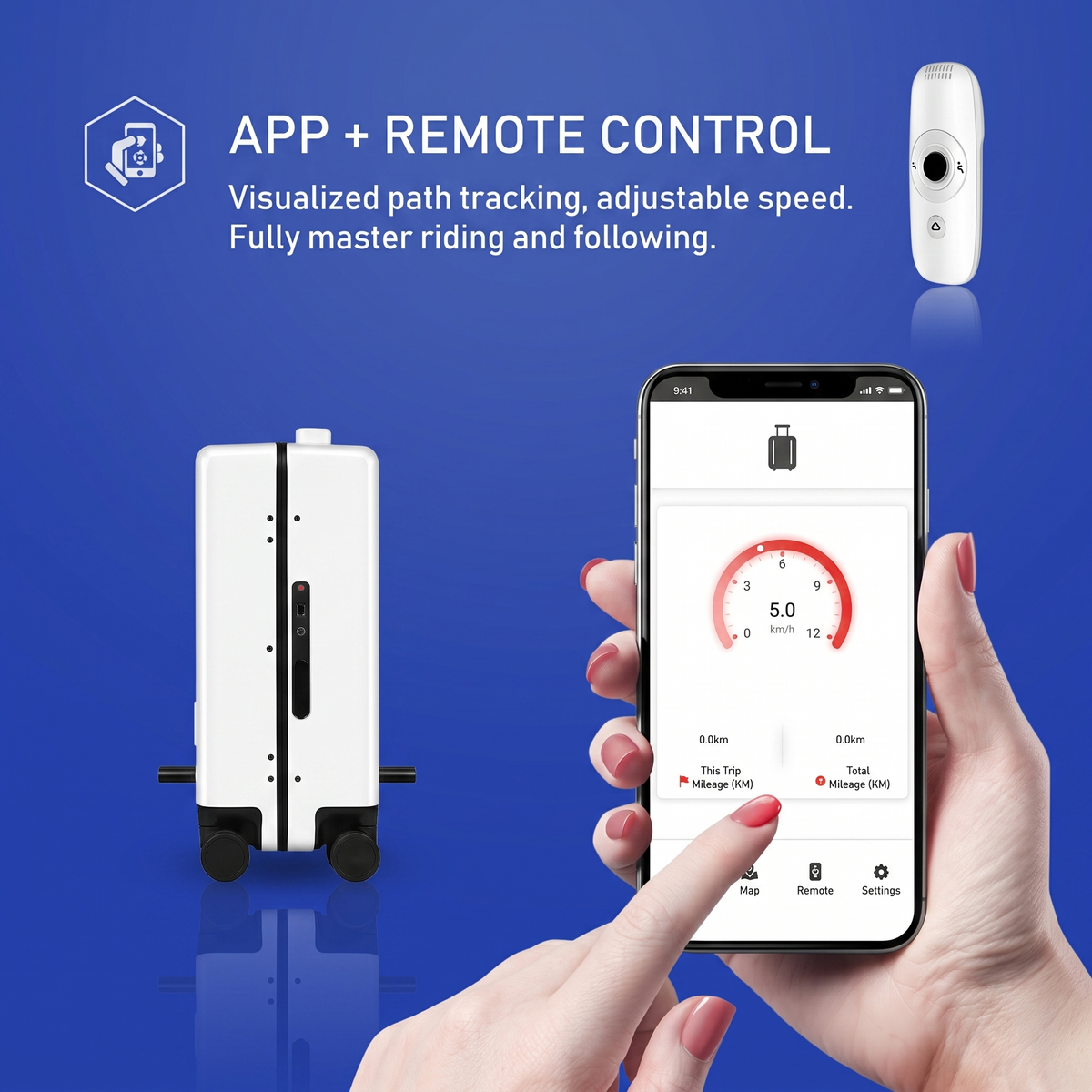 Auto-Follow Smart Suitcase – 33L Rideable Carry-On with Remote & App, Removable Power Bank Battery, Airline-Approved, 3-Year Warranty