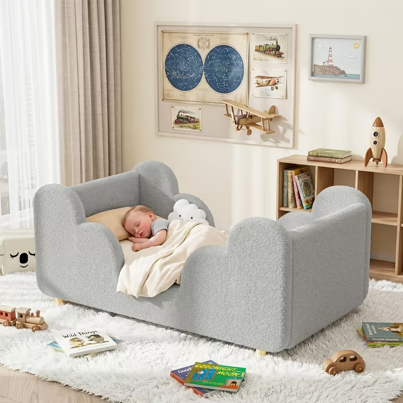 Soft Boucle Toddler Bed Frame with Safety Rails & Upholstered Headboard