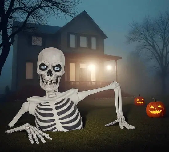 💥 Early-Bird-Halloween-Sale!🔥 Riesiges, bodenbrechendes Skelett mit LCD-Augen und Sound-Effekten als Halloween-Deko